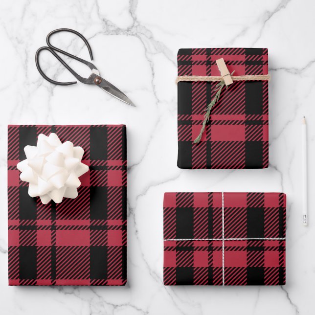 Rustic Red and Black Tartan Plaid Wrapping Paper Sheet (Front)