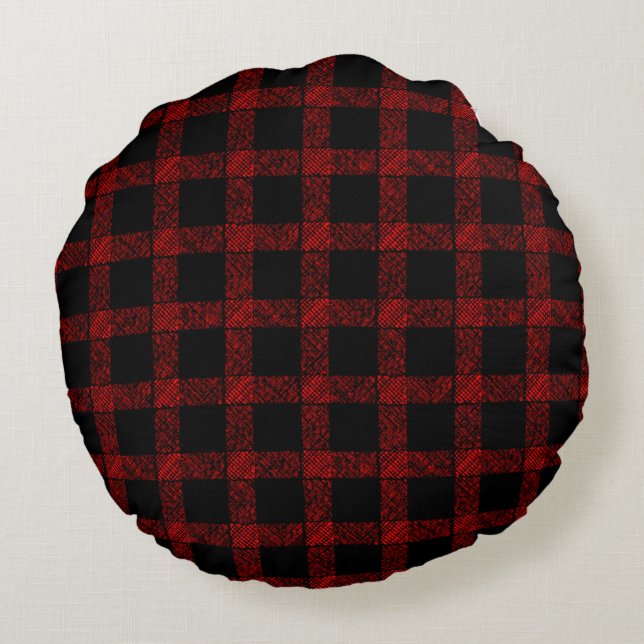 Rustic red and black tartan with embossed lines  round cushion (Back)
