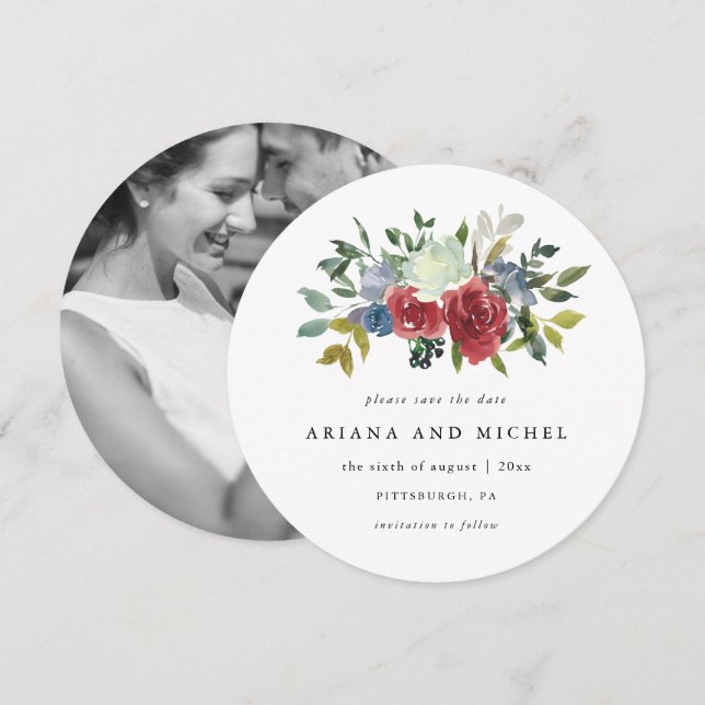 Rustic Red and Blue Floral Photo Wedding Save The Date (Front/Back)