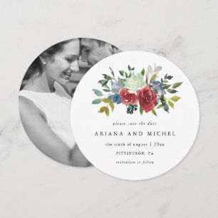 Rustic Red and Blue Floral Photo Wedding Save The Date