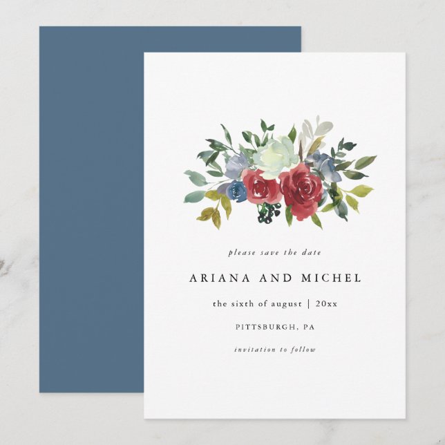 Rustic Red and Blue Floral Wedding Save The Date (Front/Back)