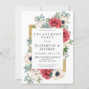 Rustic Red and Gold Floral Engagement Party Invitation
