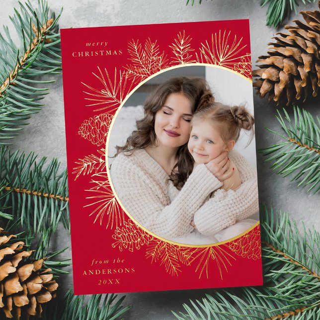 Rustic Red and Gold Pinecones Photo Foil Holiday Card (Creator Uploaded)