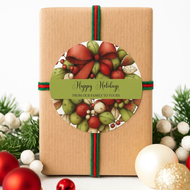 Rustic Red and Green Holiday Wreath Round Sticker  (Creator Uploaded)