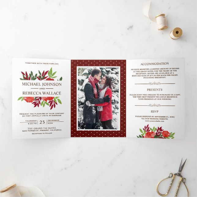 Rustic Red and Green Leaves Photo Wedding Tri-Fold Invitation (Inside)