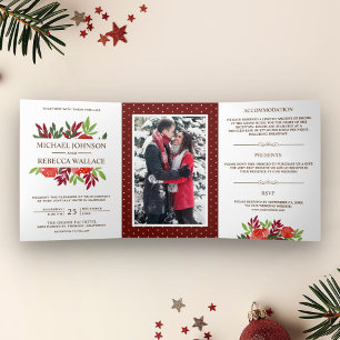 Rustic Red and Green Leaves Photo Wedding Tri-Fold Invitation