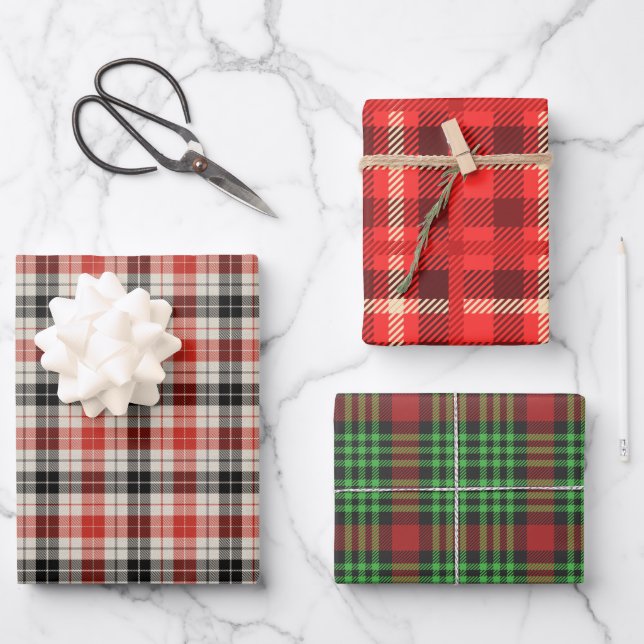 Rustic Red and Green Plaid Patterns Wrapping Paper Sheet (Front)