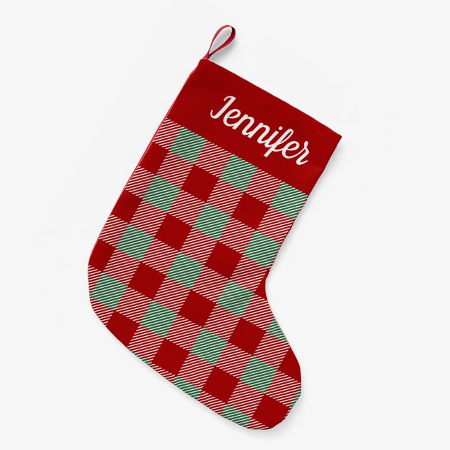 Rustic Red And Green Plaid Script Small Christmas Stocking (Front (Hanging))