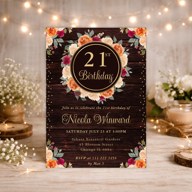 Rustic Red and Orange Fall Flowers Wreath Birthday Invitation (Creator Uploaded)