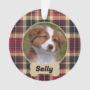 Rustic Red and Tan Tartan Plaid Custom Dog Photo Ornament