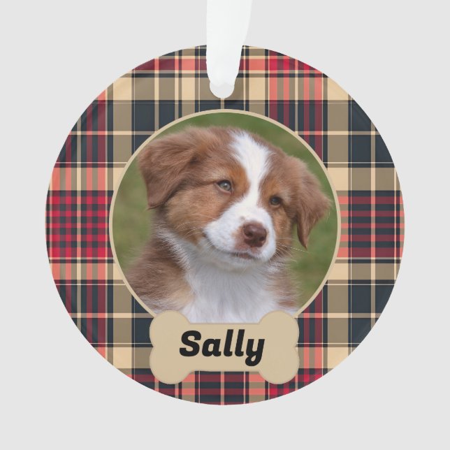 Rustic Red and Tan Tartan Plaid Custom Dog Photo Ornament (Front)