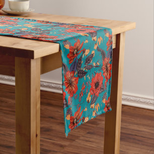 Rustic Red and Teal Floral Pattern Short Table Runner