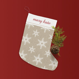 Rustic Red and White Faux Burlap Snowflake Pattern Small Christmas Stocking