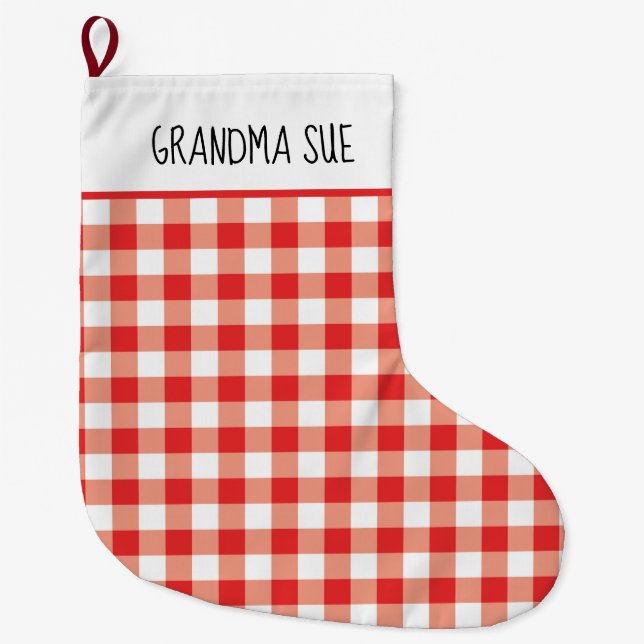 Rustic Red and White Gingham Custom  Large Christmas Stocking (Front)