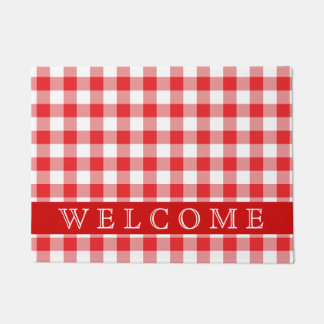 Rustic Red And White Plaid Welcome Doormat