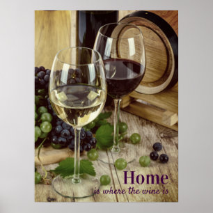 Rustic Red and White Wine Glasses Grapes Barrel Poster