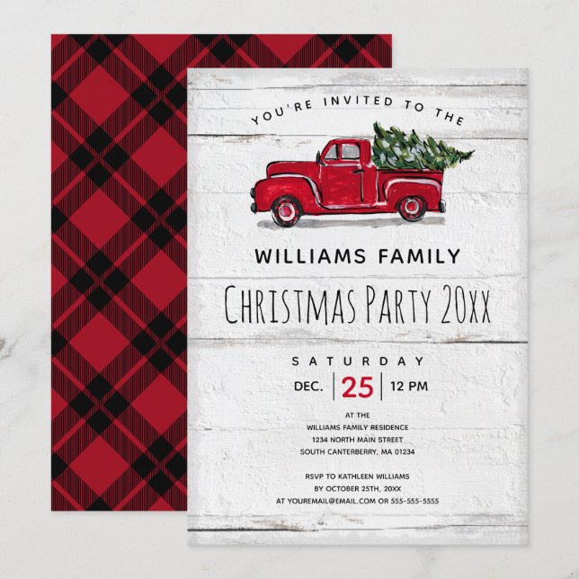 Rustic Red Antique Truck Christmas Tree Invitation (Front/Back)