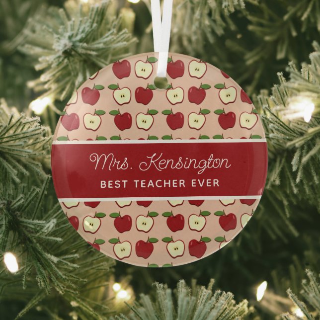 Rustic Red Apple Pattern Teacher Appreciation Glass Tree Decoration (Insitu)