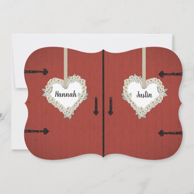 Rustic Red Barn and Daisies Country Wedding Invitation (Front)