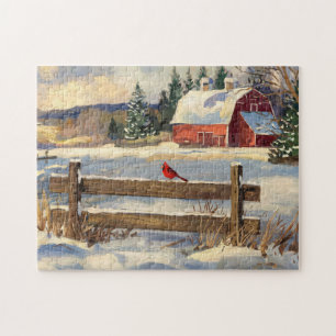 Rustic Red Barn Cardinal Bird Farmhouse Jigsaw Puzzle
