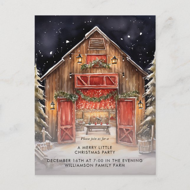 Rustic Red Barn Country Christmas Party  Announcement Postcard (Front)