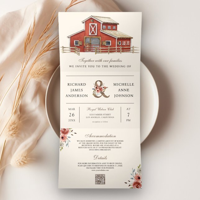 Rustic Red Barn Country Farm QR Code Wedding Tri-Fold Invitation (Creator Uploaded)