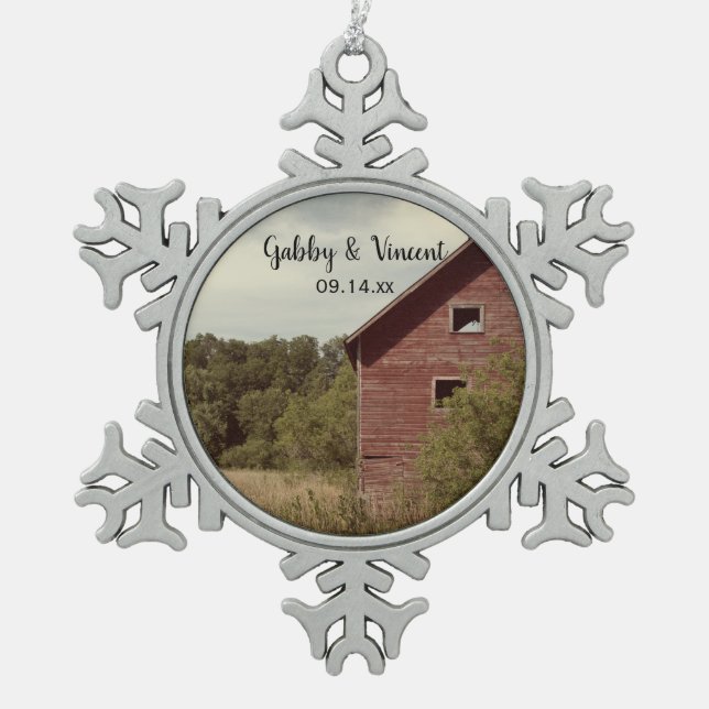 Rustic Red Barn Country Wedding Snowflake Pewter Christmas Ornament (Front)