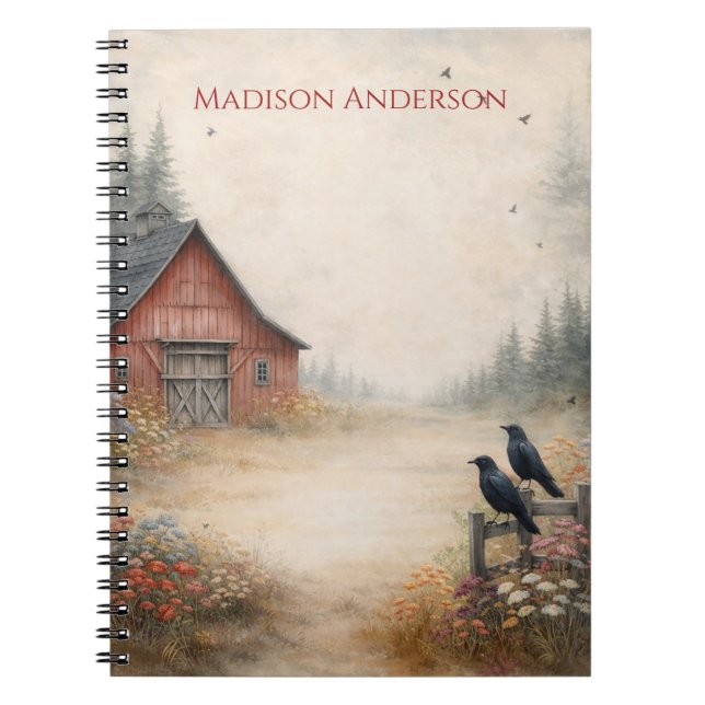 Rustic Red Barn, Crows, Farm Scene | Notebook (Front)