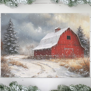 Rustic Red Barn Winter Scenic Art Decoupage Tissue Paper