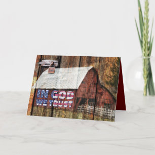 Rustic Red Barn With Latch In God We Trust Holiday Card