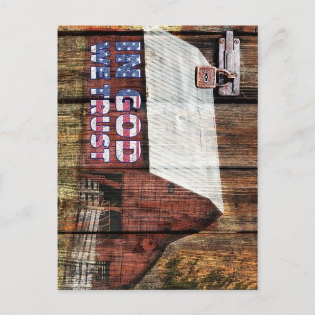Rustic Red Barn With Latch In God We Trust Postcard (Front)