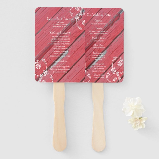 Rustic Red Barn Wood Country Wedding Programs Hand Fan (Front and Back)