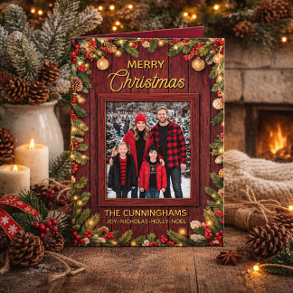 Rustic Red Barn Wood Custom Photo Christmas Card