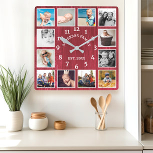 Rustic Red Barn Wood Farmhouse 12 Photo Collage Square Wall Clock