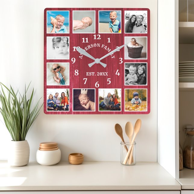 Rustic Red Barn Wood Farmhouse 12 Photo Collage Square Wall Clock (Creator Uploaded)