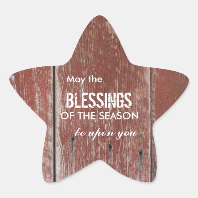 Rustic Red Barn Wood Holiday Greeting Star Sticker (Front)