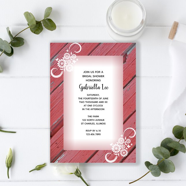 Rustic Red Barn Wood White Flowers Bridal Shower Invitation (Creator Uploaded)