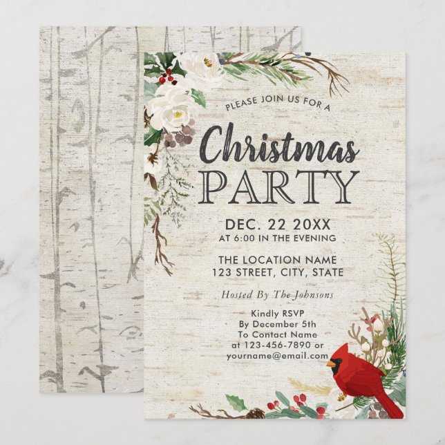 Rustic Red Bird Winter Greenery Birch Party Invitation (Front/Back)