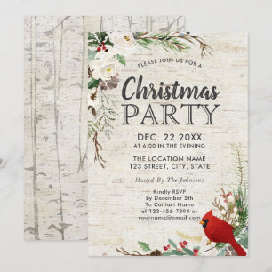 Rustic Red Bird Winter Greenery Birch Party Invitation