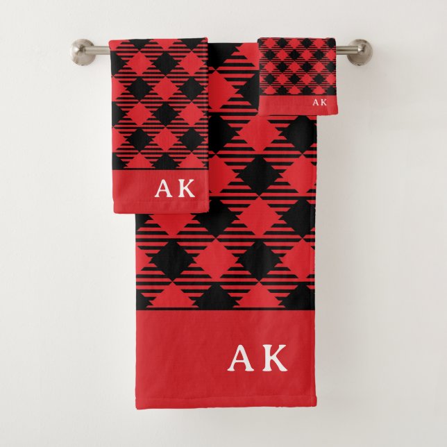 Rustic Red Black Buffalo Check Monogram Bath Towel Set (Insitu)