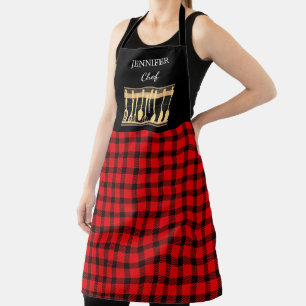 Rustic red black buffalo monogram name kitchen apron