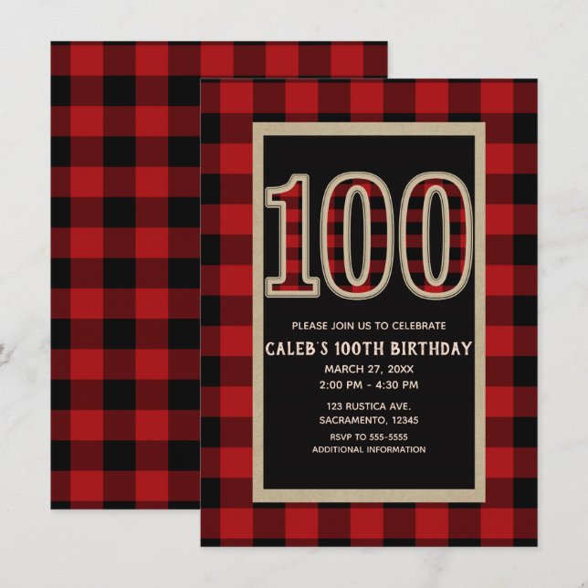 Rustic Red Black Buffalo Plaid 100th 100 Birthday Invitation (Front/Back)