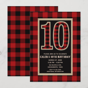 Rustic Red Black Buffalo Plaid 10th Birthday Party Invitation