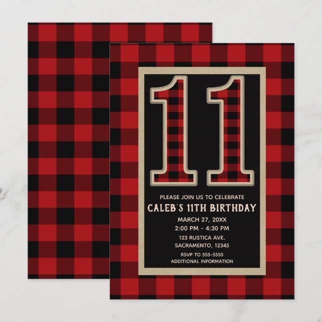 Rustic Red Black Buffalo Plaid 11th 11 Birthday Invitation (Front/Back)