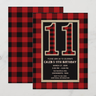 Rustic Red Black Buffalo Plaid 11th 11 Birthday Invitation