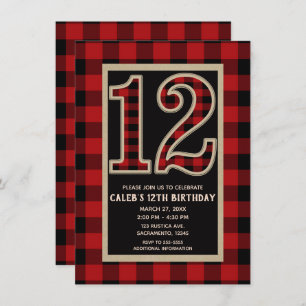 Rustic Red Black Buffalo Plaid 12th 12 Birthday Invitation