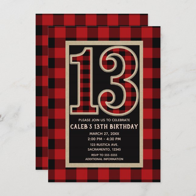 Rustic Red Black Buffalo Plaid 13th 13 Birthday Invitation (Front/Back)