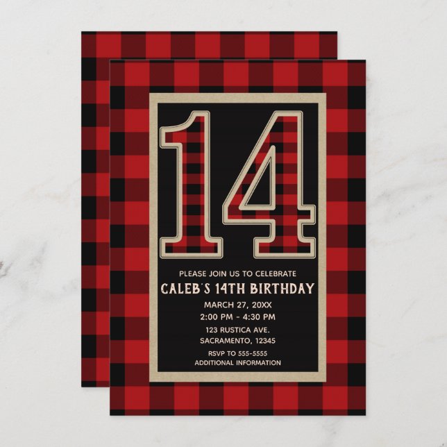 Rustic Red Black Buffalo Plaid 14th 14 Birthday Invitation (Front/Back)