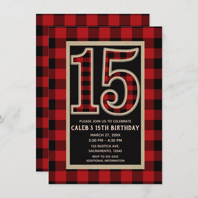 Rustic Red Black Buffalo Plaid 15th 15 Birthday Invitation (Front/Back)
