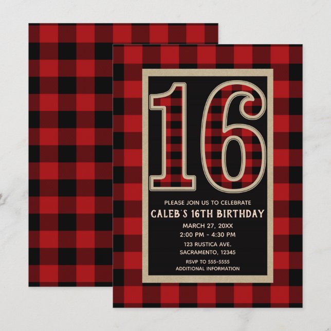 Rustic Red Black Buffalo Plaid 16th 16 Birthday Invitation (Front/Back)